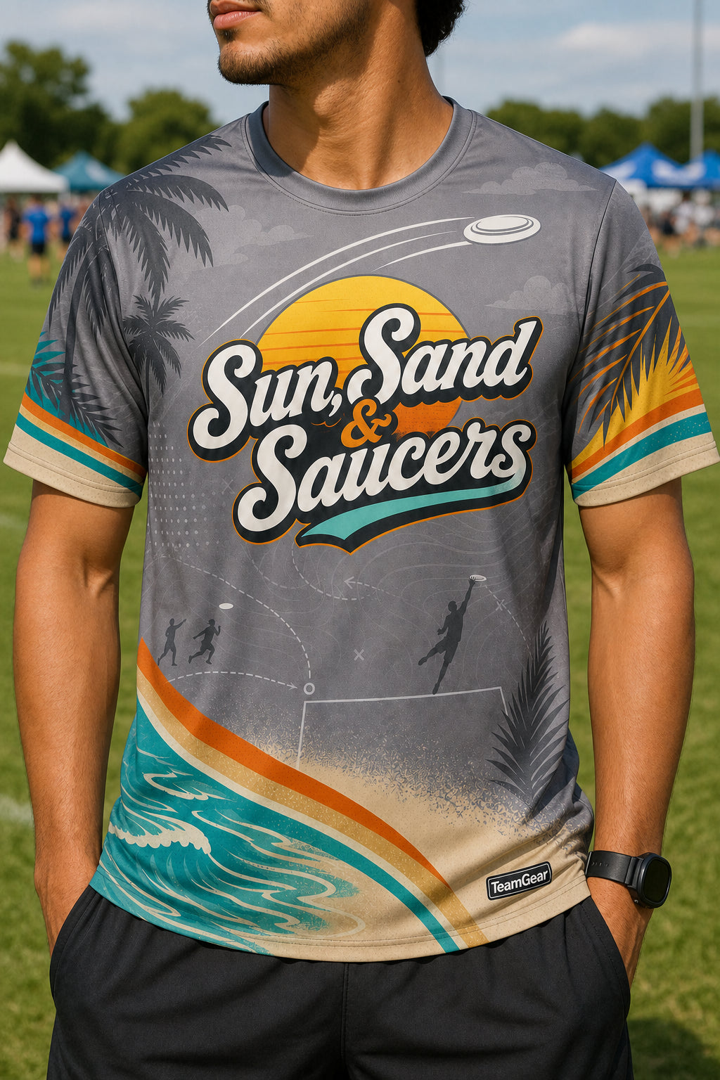 Sun, Sand & Saucers Grey Ultimate Frisbee Jersey — custom ultimate frisbee jersey worn on model — TeamGear Canada