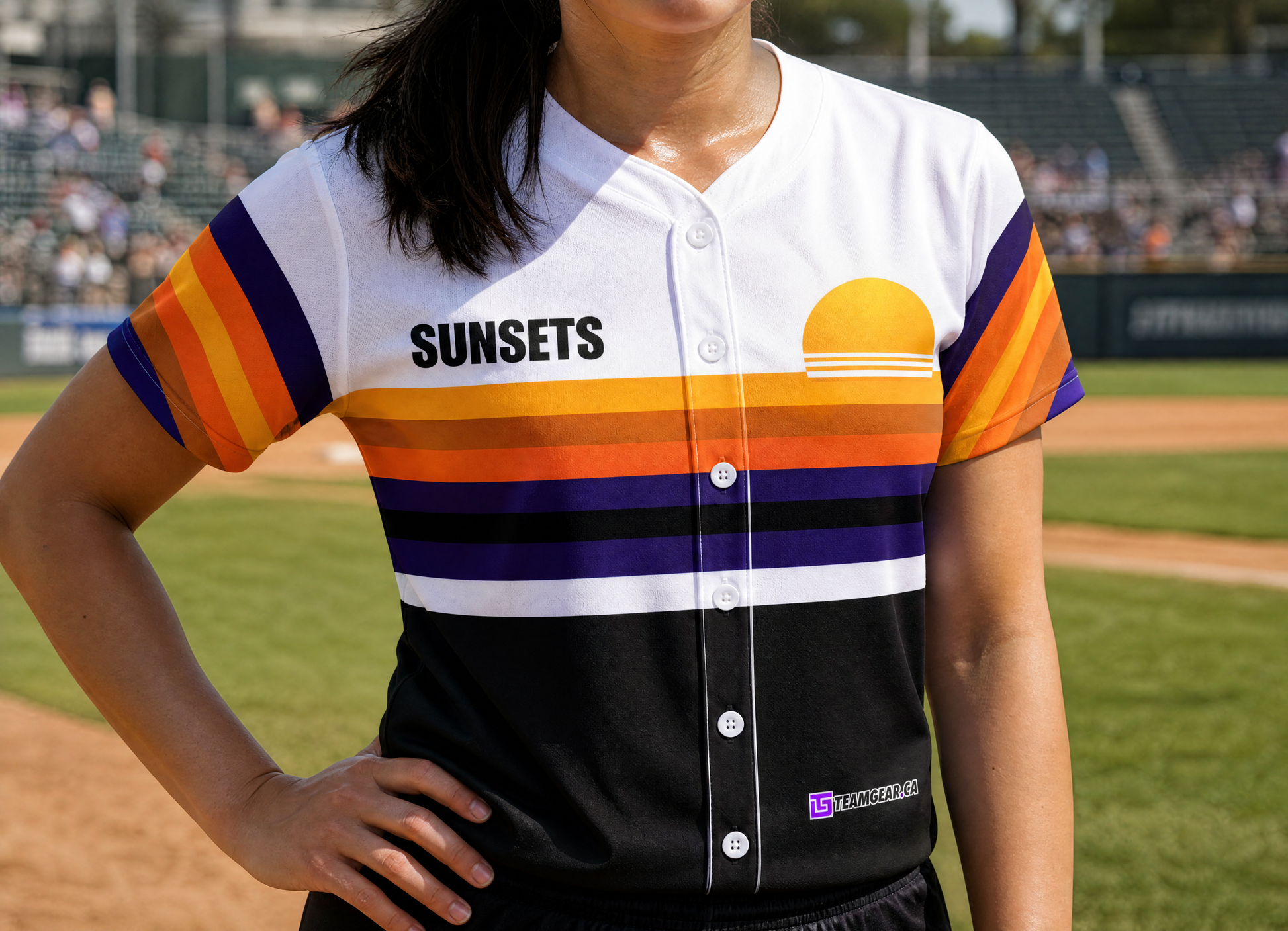 Sunset Baseball Jersey Full Button — custom baseball jersey worn on model — TeamGear Canada
