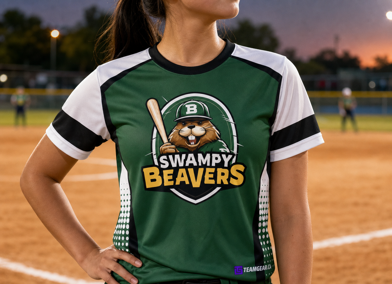 Swampy Beavers Softball Jersey — custom softball jersey worn on model — TeamGear Canada