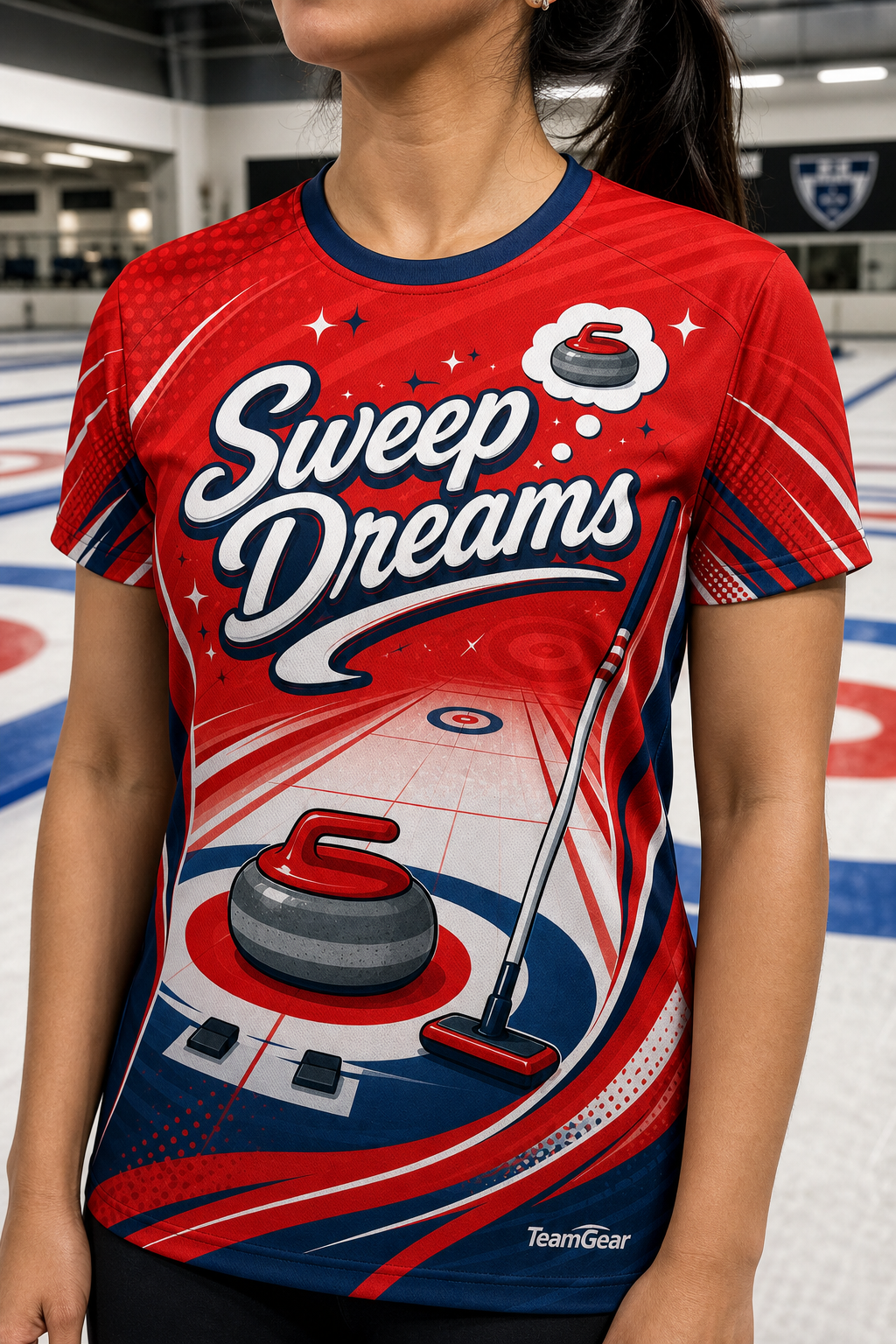 Sweep Dreams Red Curling Jersey — custom curling jersey worn on model — TeamGear Canada