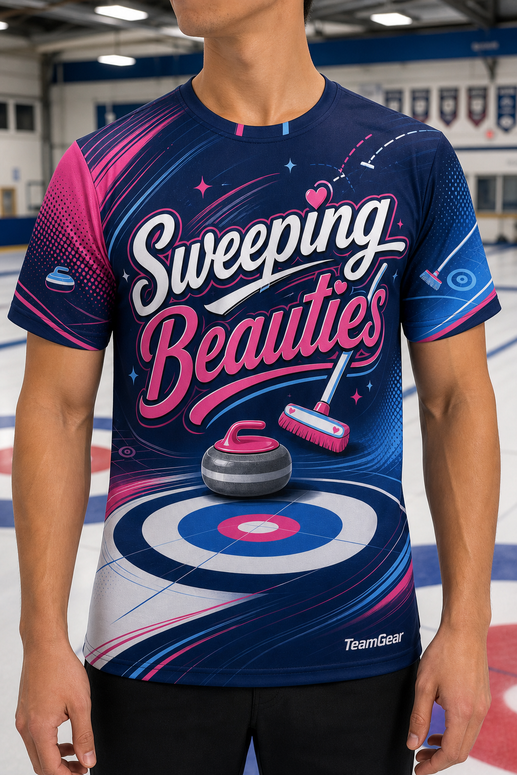 Sweeping Beauties Navy Curling Jersey — custom curling jersey worn on model — TeamGear Canada
