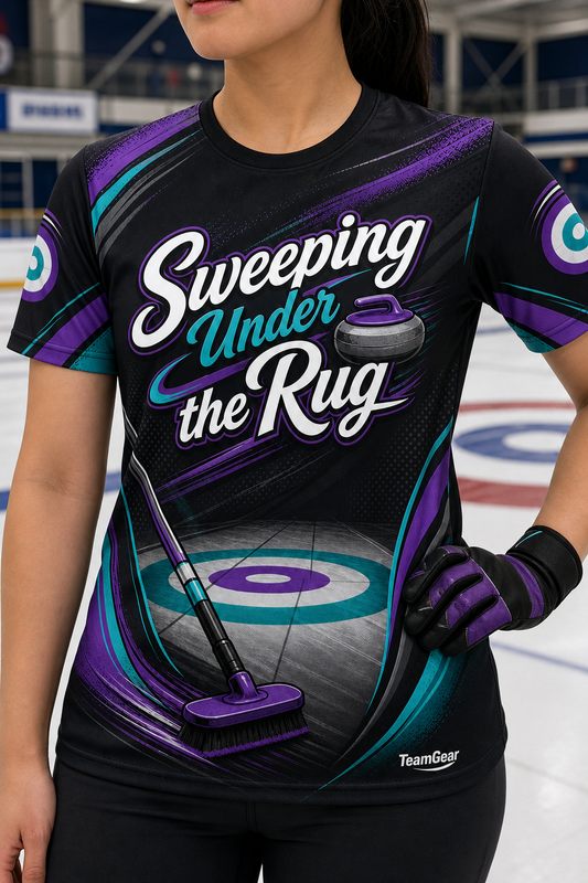 Sweeping Under the Rug Black Curling Jersey — custom curling jersey worn on model — TeamGear Canada