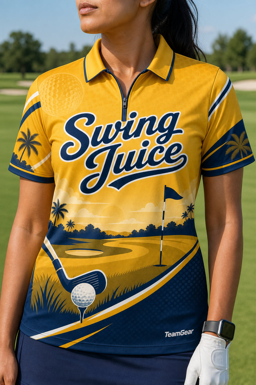 Swing Juice Gold Golf Polo — custom golf team apparel worn on model — TeamGear Canada