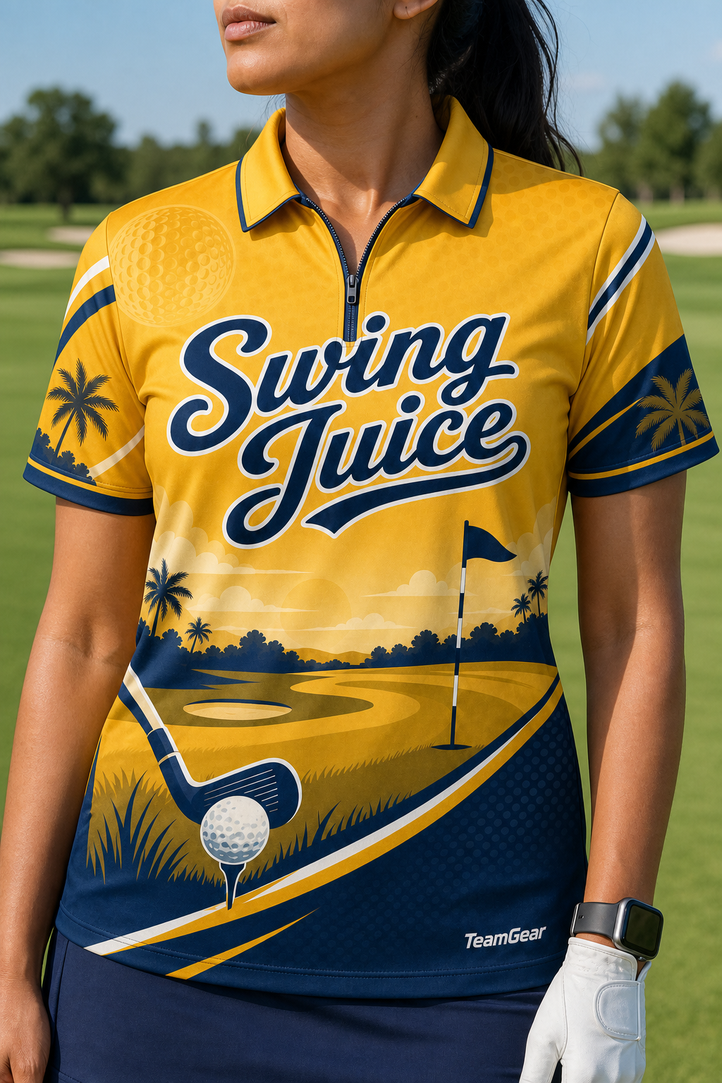 Swing Juice Gold Golf Polo — custom golf team apparel worn on model — TeamGear Canada