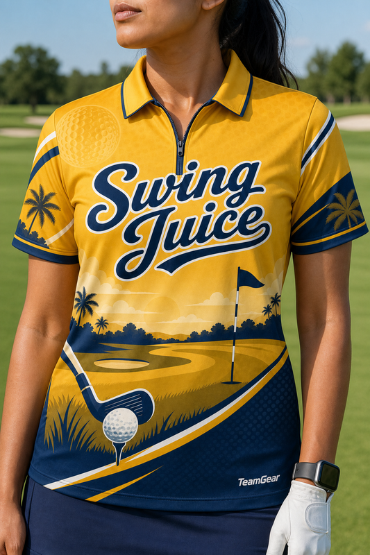 Swing Juice Gold Golf Polo — custom golf team apparel worn on model — TeamGear Canada