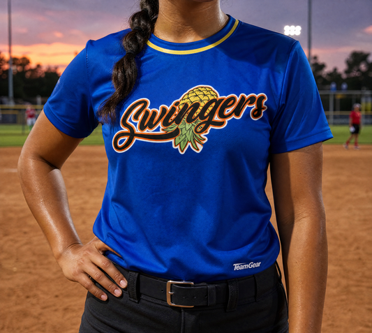 Swingers Blue Softball Jersey — custom softball jersey worn on model — TeamGear Canada