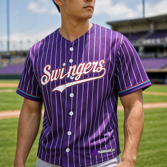 Swingers Purple Baseball Jersey Full Button — custom baseball jersey worn on model — TeamGear Canada