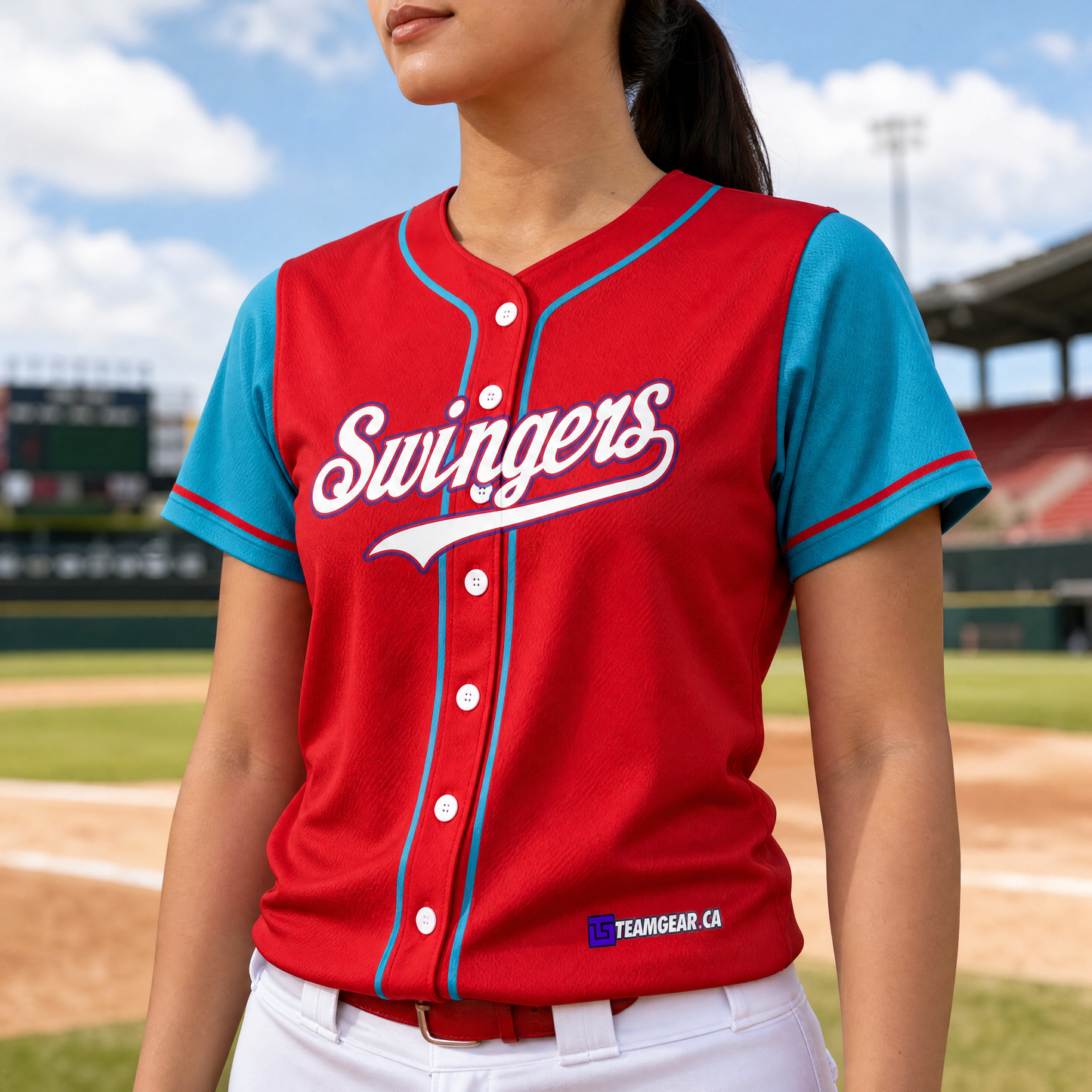 Swingers Red Baseball Jersey Full Button — custom baseball jersey worn on model — TeamGear Canada