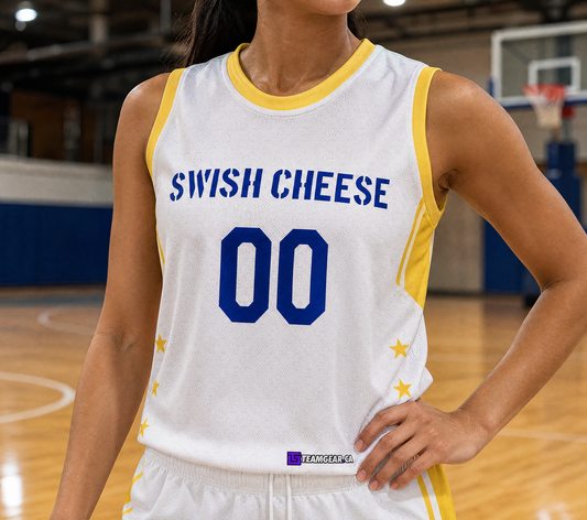 Swish Cheese White Basketball Jersey — custom basketball jersey worn on model — TeamGear Canada