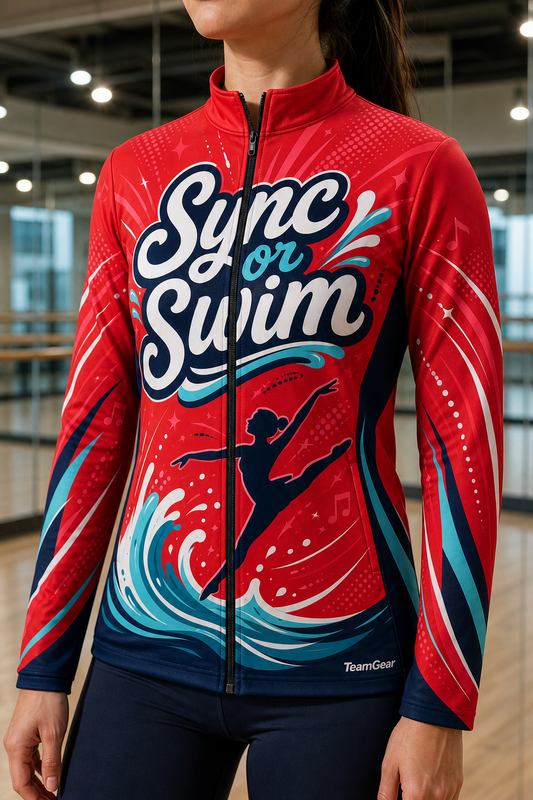 Sync or Swim Red Dance Jacket — custom dance jacket worn on model — TeamGear Canada