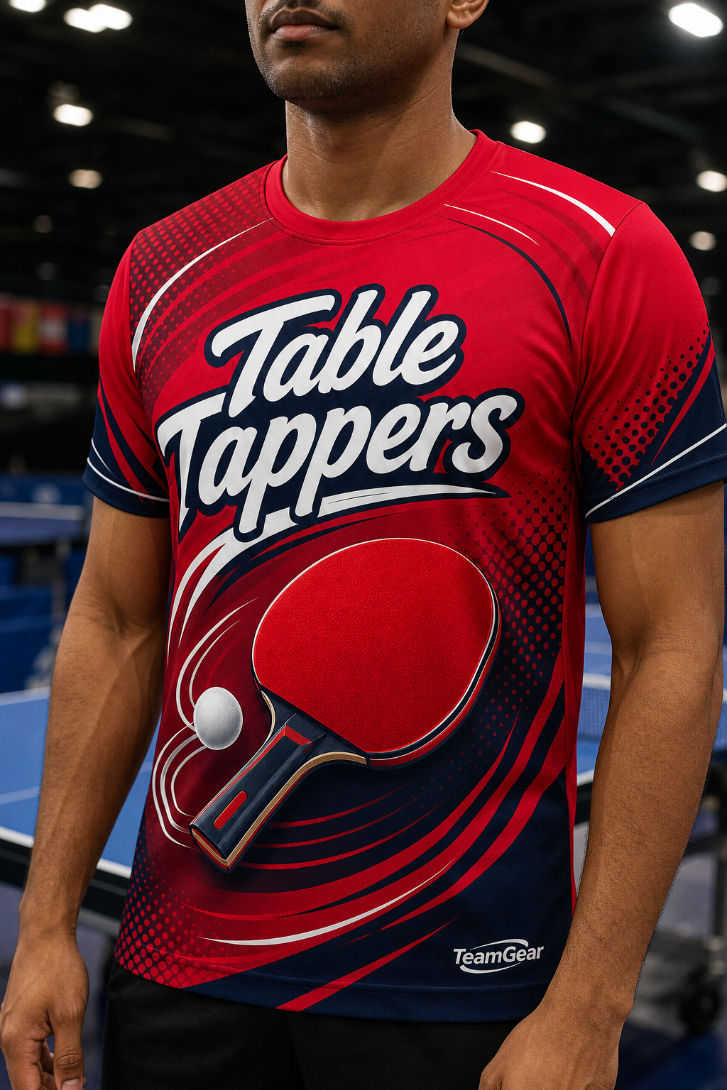 Table Tappers Crimson Table Tennis Jersey — custom table tennis jersey worn on model — TeamGear Canada