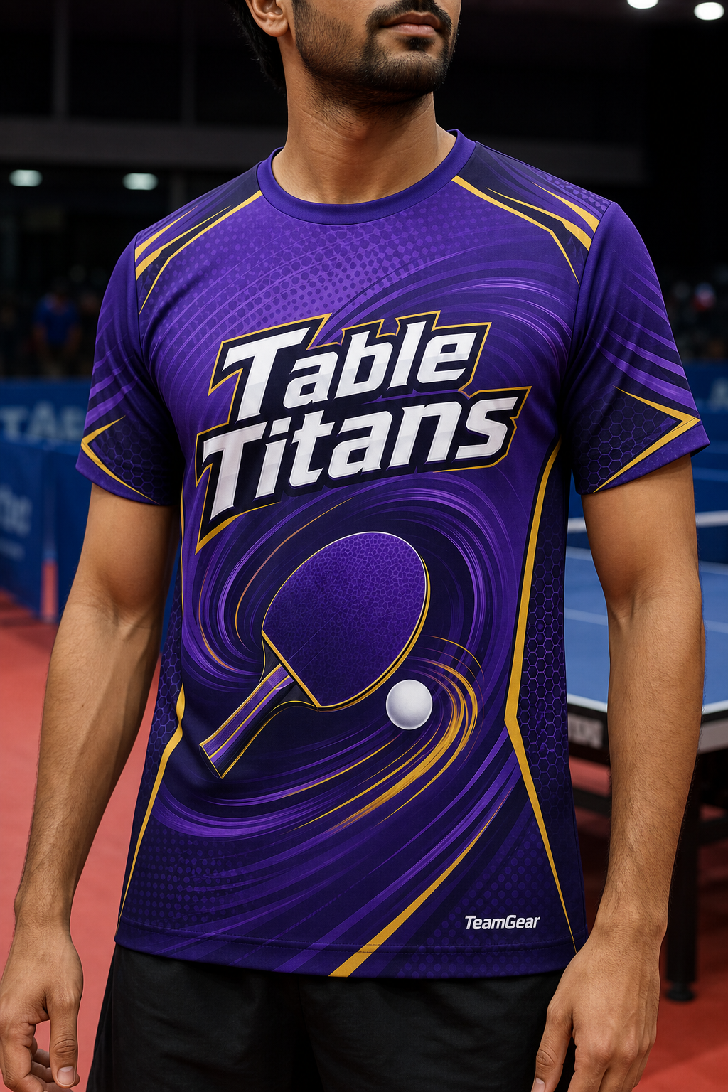 Table Titans Purple Table Tennis Jersey — custom table tennis jersey worn on model — TeamGear Canada