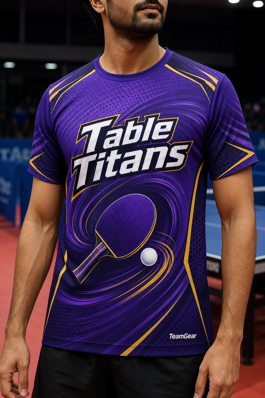 Table Titans Purple Table Tennis Jersey — custom table tennis jersey worn on model — TeamGear Canada