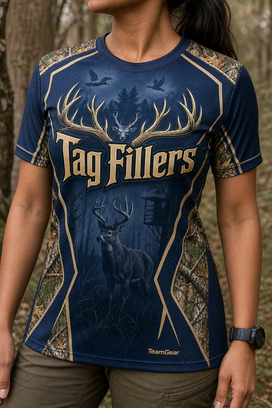 Tag Fillers Navy Hunting Jersey — custom hunting jersey worn on model — TeamGear Canada