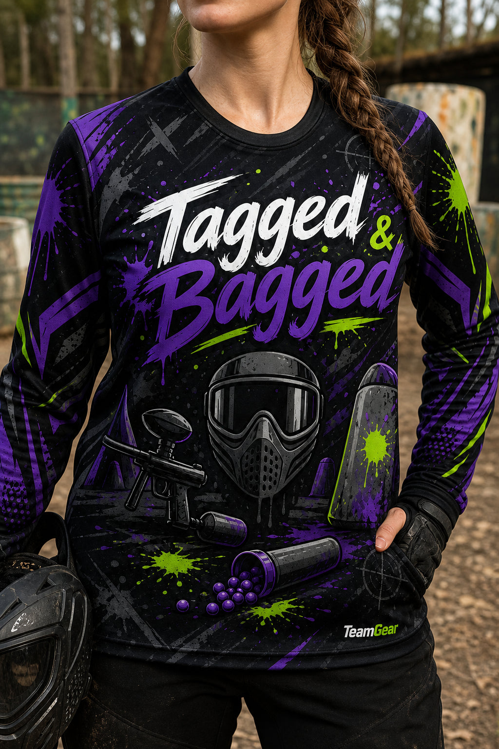 Tagged & Bagged Black Long Sleeve Paintball Jersey — custom paintball jersey worn on model — TeamGear Canada