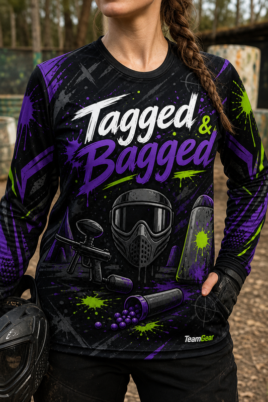 Tagged & Bagged Black Long Sleeve Paintball Jersey — custom paintball jersey worn on model — TeamGear Canada