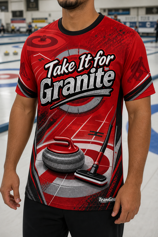 Take It for Granite Red Curling Jersey — custom curling jersey worn on model — TeamGear Canada