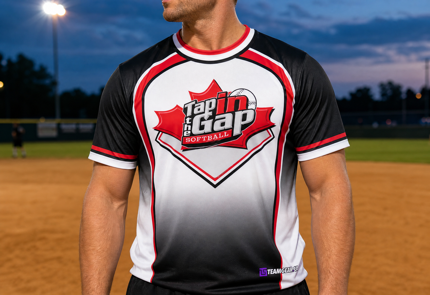Tap in the Gap Black Softball Jersey — custom softball jersey worn on model — TeamGear Canada