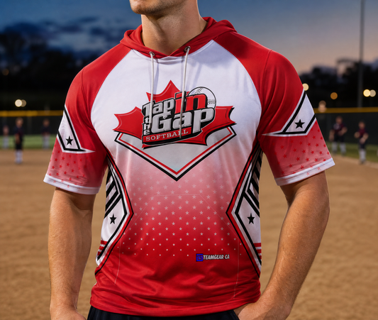 Tap in the Gap Red Softball Hoodie — custom softball hoodie worn on model — TeamGear Canada