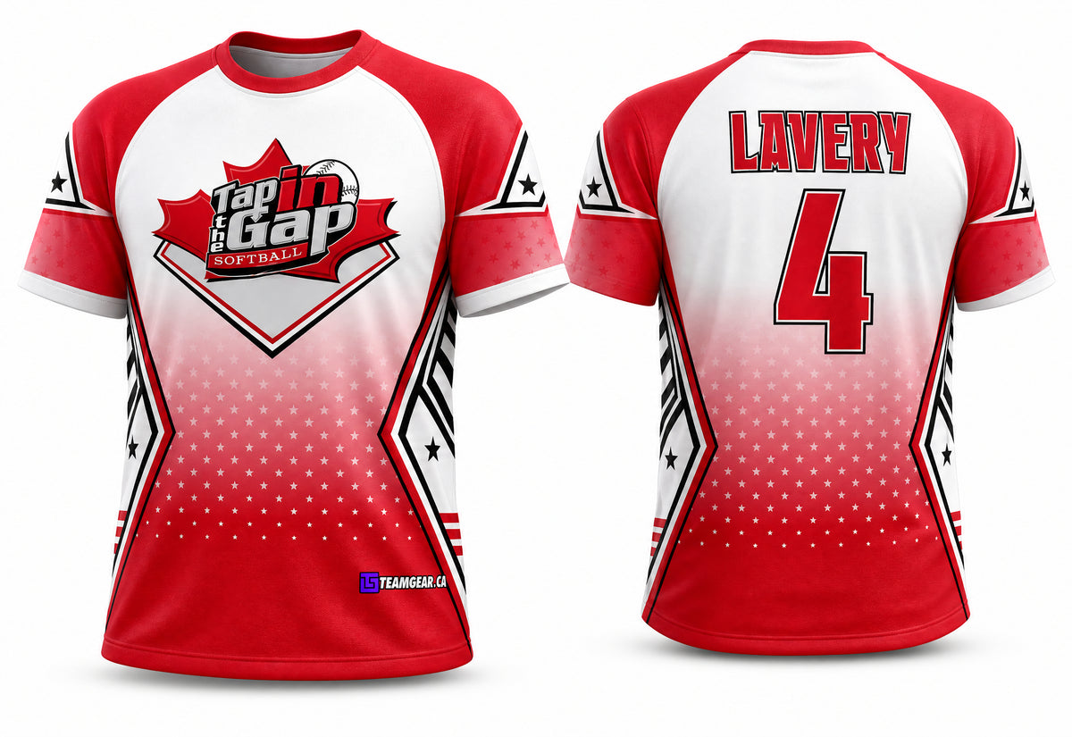 Tap in the Gap Red Softball Jersey - front and back view