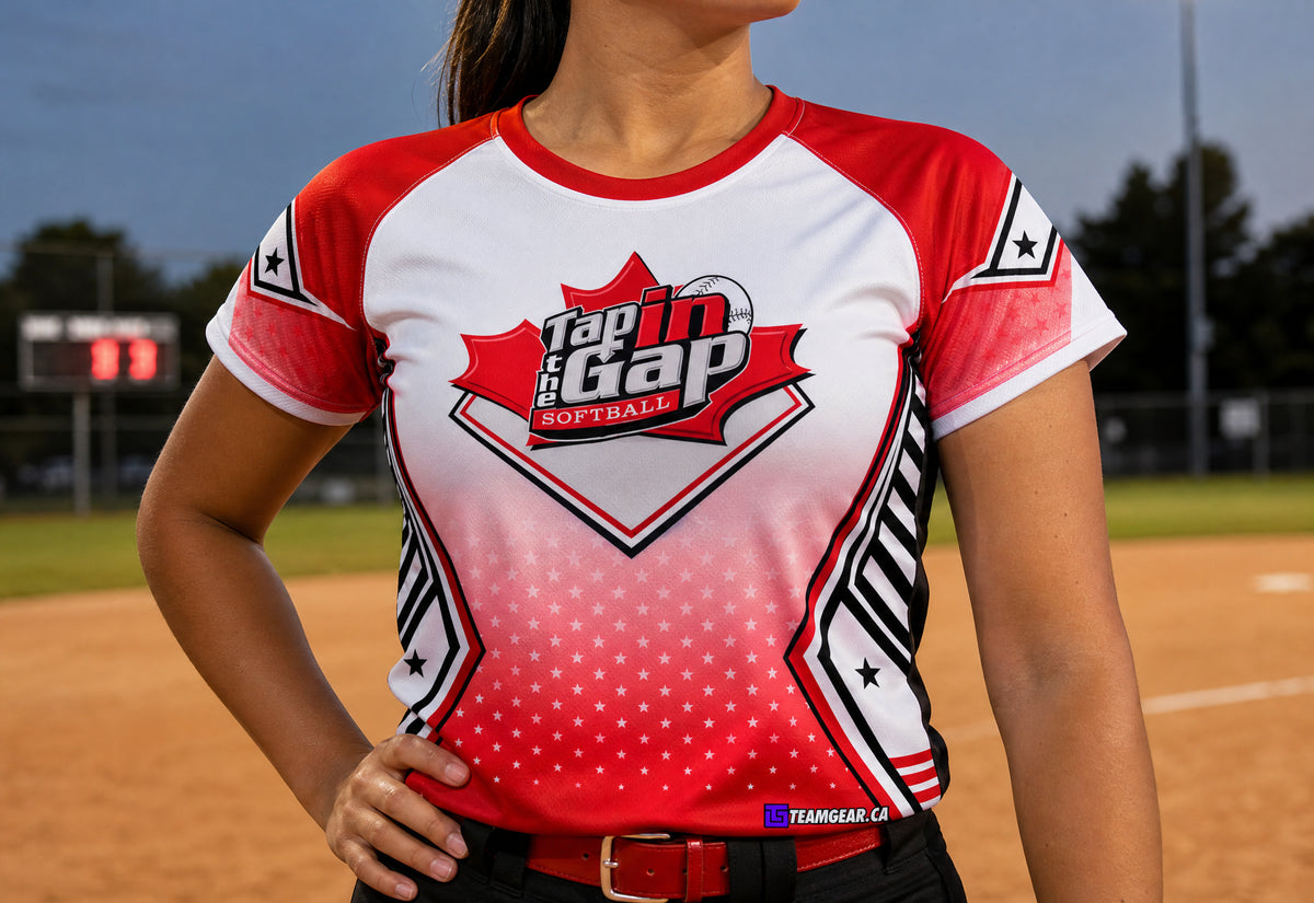 Tap in the Gap Red Softball Jersey — custom softball jersey worn on model — TeamGear Canada
