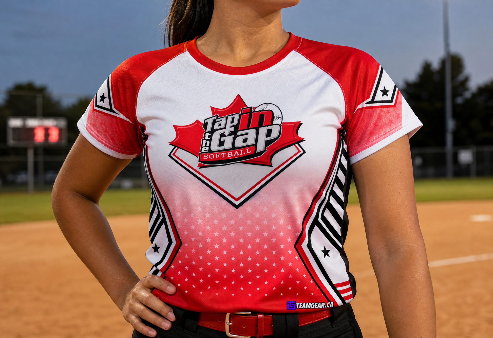 Tap in the Gap Red Softball Jersey — custom softball jersey worn on model — TeamGear Canada
