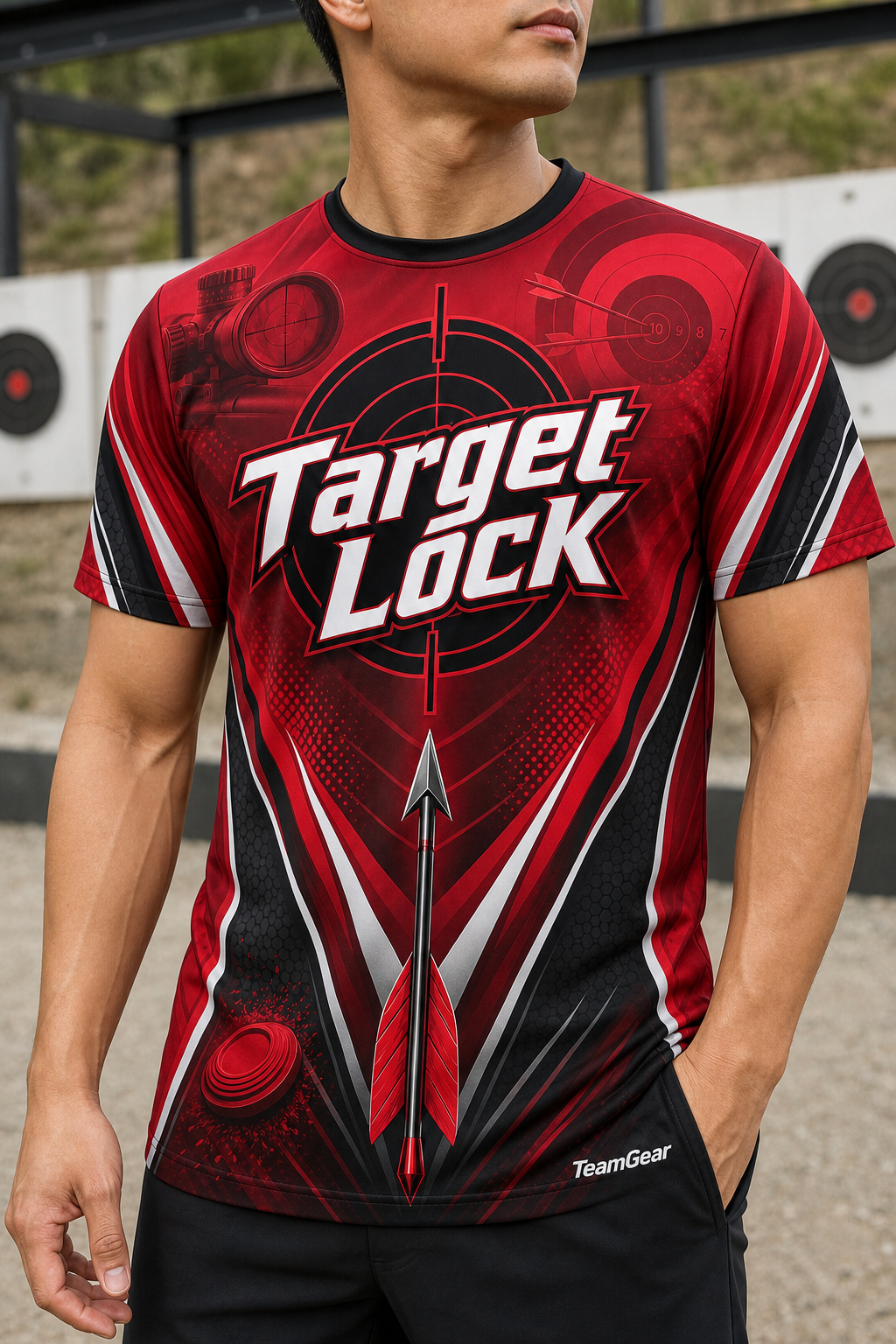 Target Lock Crimson Shooting Jersey — custom shooting jersey worn on model — TeamGear Canada