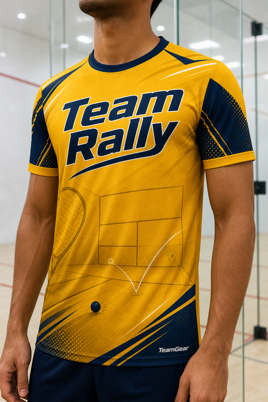 Team Rally Gold Squash Jersey — custom squash jersey worn on model — TeamGear Canada