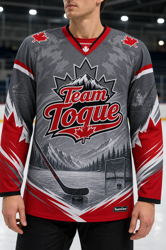 Team Toque Grey Hockey Jersey — custom hockey toque worn on model — TeamGear Canada