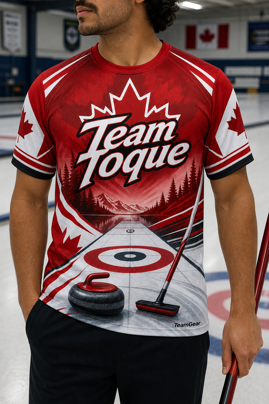 Team Toque Red Curling Jersey — custom curling toque worn on model — TeamGear Canada