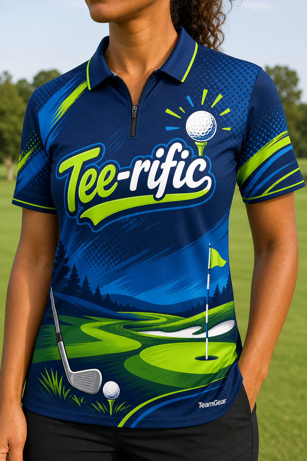 Tee-rific Navy Golf Polo — custom golf team apparel worn on model — TeamGear Canada