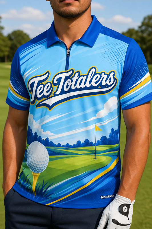 Tee Totalers Blue Golf Polo — custom golf team apparel worn on model — TeamGear Canada