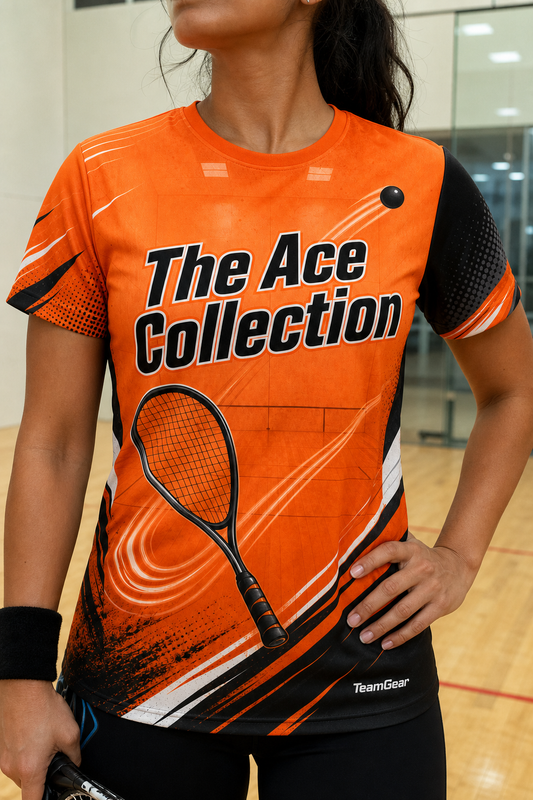 The Ace Collection Orange Racquetball Jersey — custom racquetball jersey worn on model — TeamGear Canada