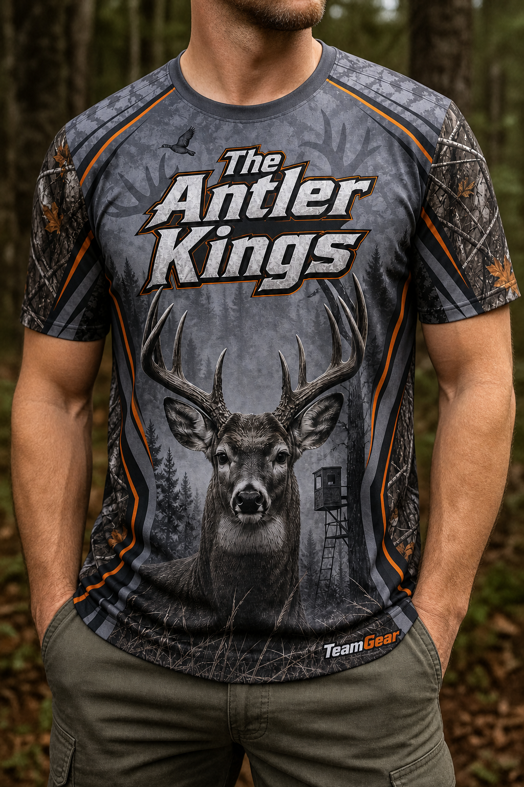 The Antler Kings Grey Hunting Jersey — custom hunting jersey worn on model — TeamGear Canada
