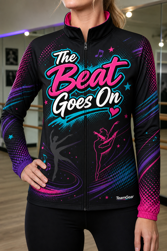 The Beat Goes On Black Dance Jacket — custom dance jacket worn on model — TeamGear Canada