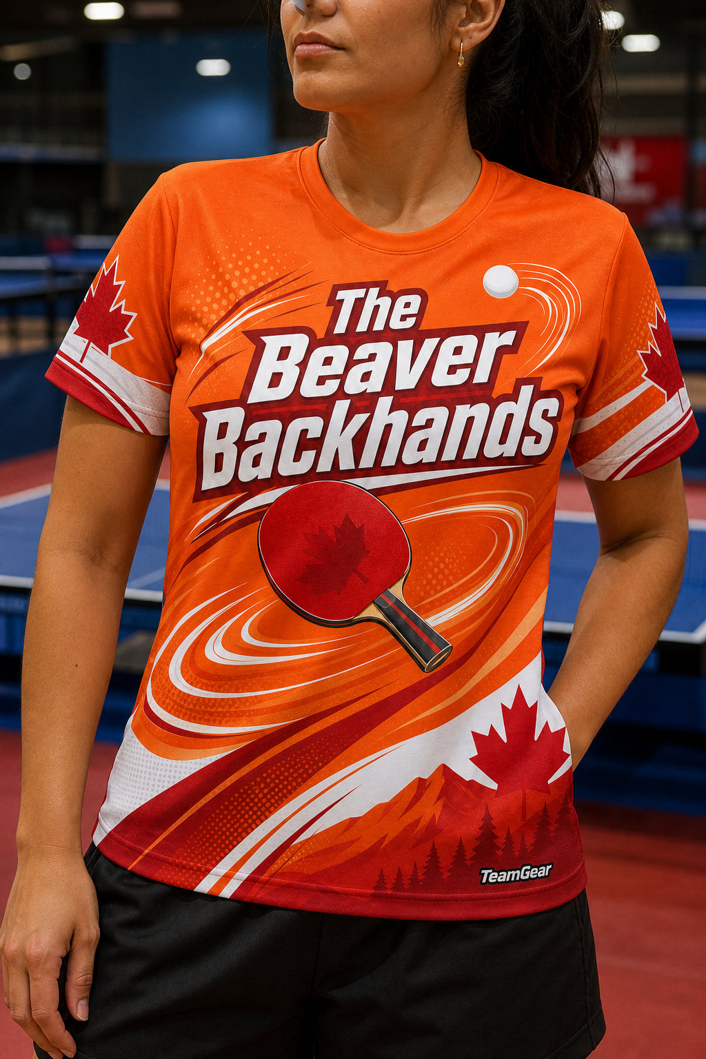 The Beaver Backhands Orange Table Tennis Jersey — custom table tennis jersey worn on model — TeamGear Canada