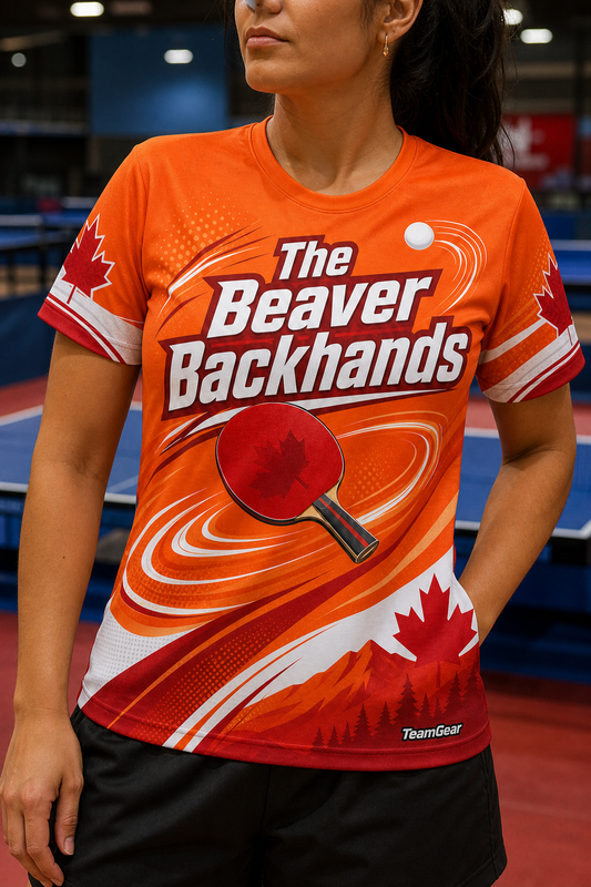The Beaver Backhands Orange Table Tennis Jersey — custom table tennis jersey worn on model — TeamGear Canada
