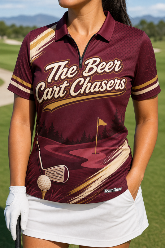 The Beer Cart Chasers Maroon Golf Polo — custom golf team apparel worn on model — TeamGear Canada