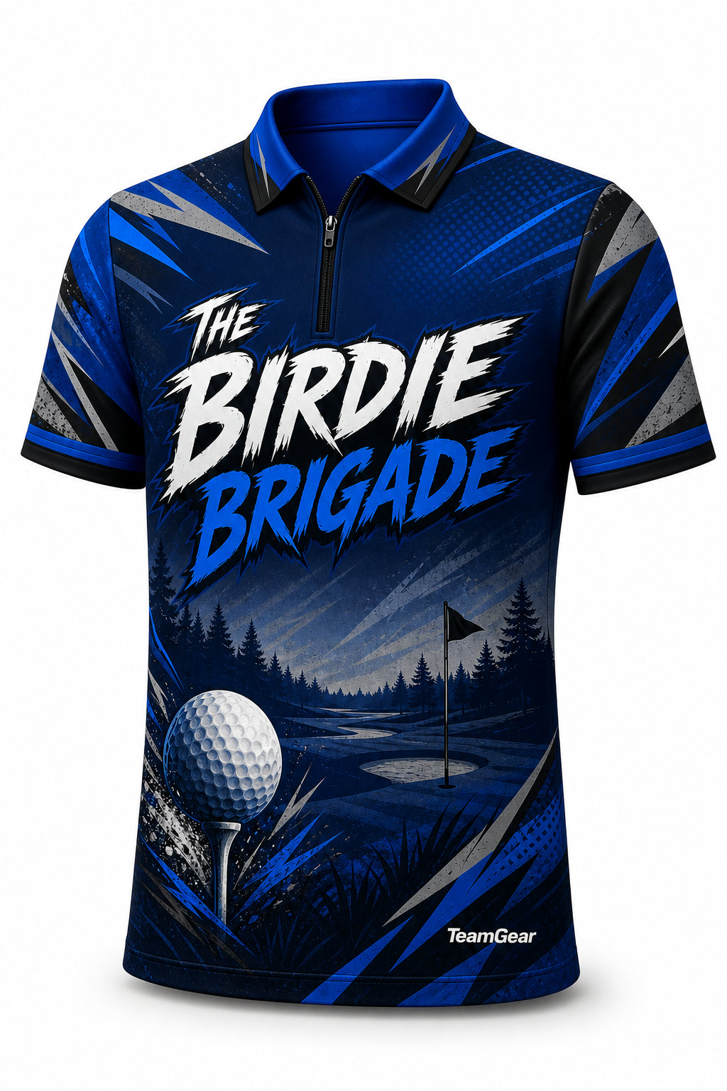 The Birdie Brigade Blue Golf Polo - front and back view