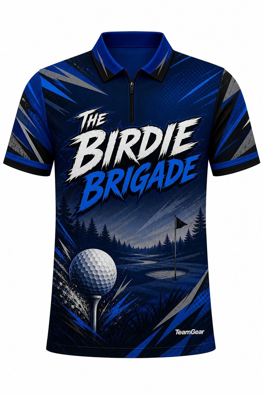 The Birdie Brigade Blue Golf Polo design