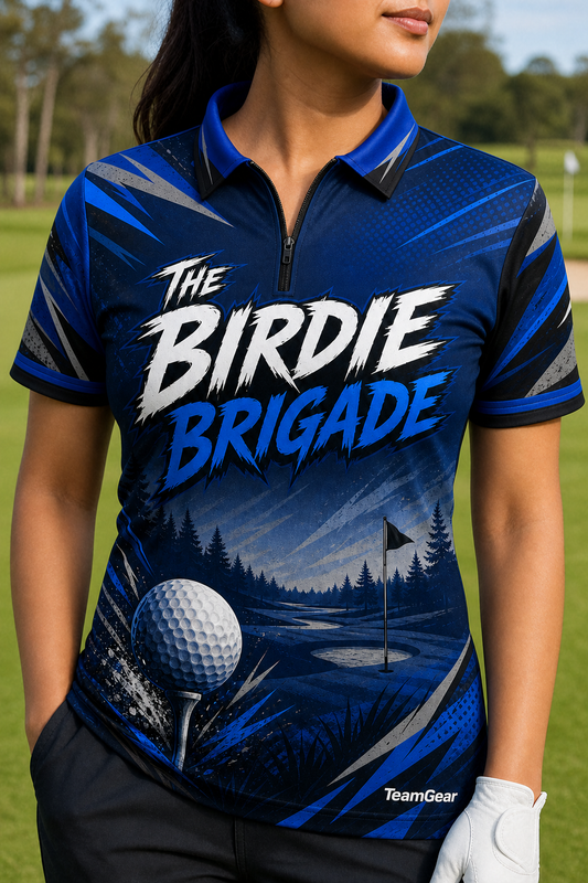 The Birdie Brigade Blue Golf Polo — custom golf team apparel worn on model — TeamGear Canada