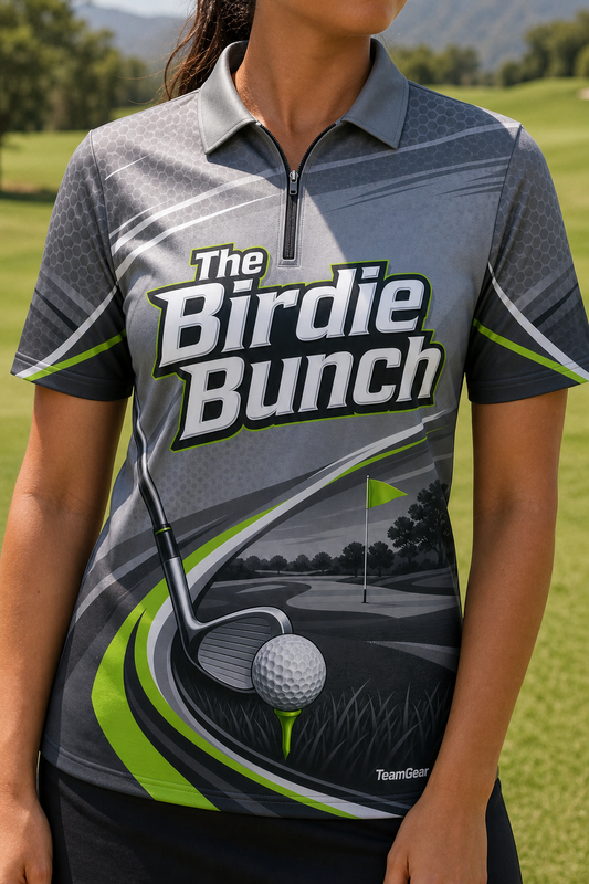 The Birdie Bunch Grey Golf Polo — custom golf team apparel worn on model — TeamGear Canada