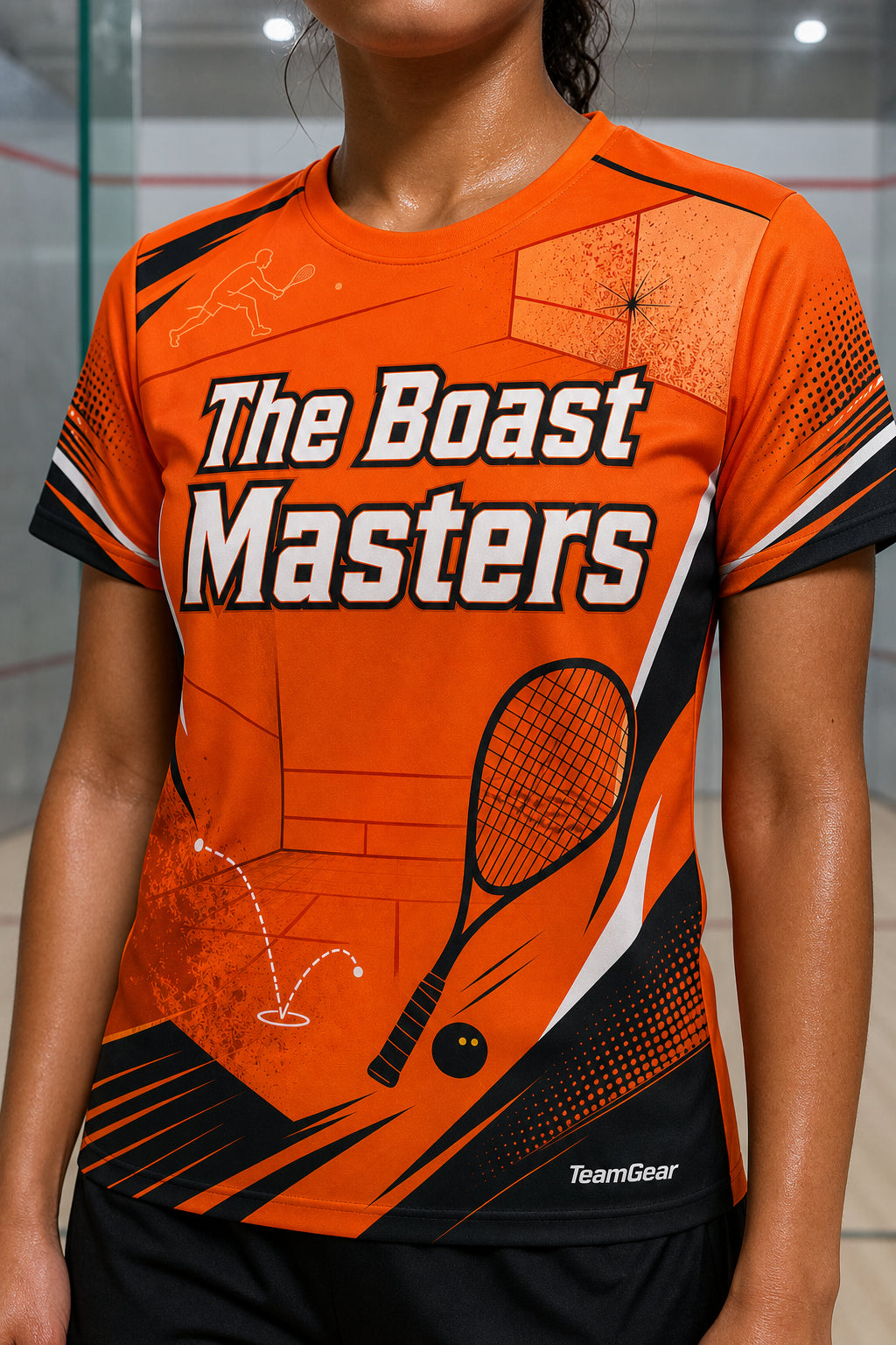 The Boast Masters Orange Squash Jersey — custom squash jersey worn on model — TeamGear Canada
