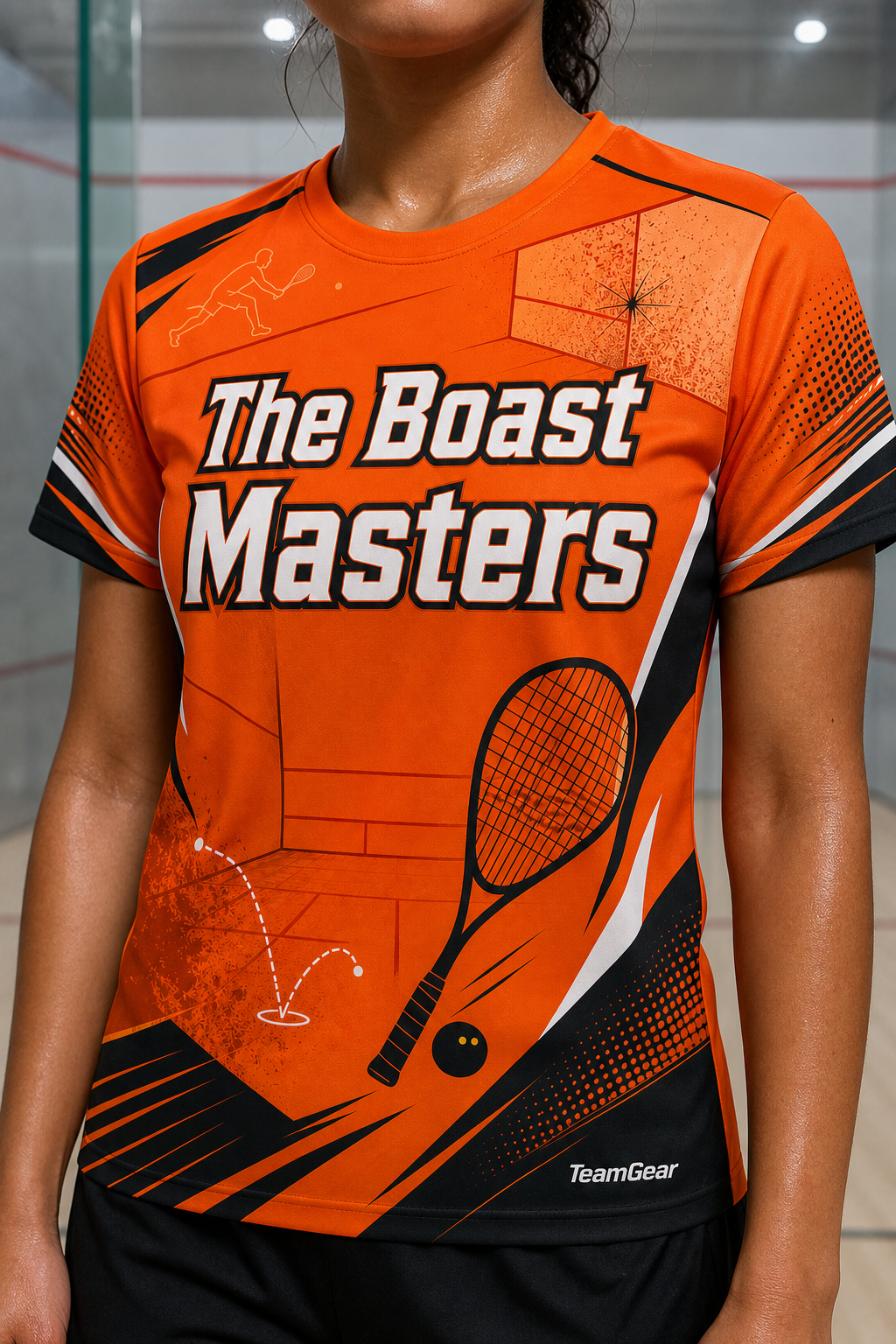 The Boast Masters Orange Squash Jersey — custom squash jersey worn on model — TeamGear Canada
