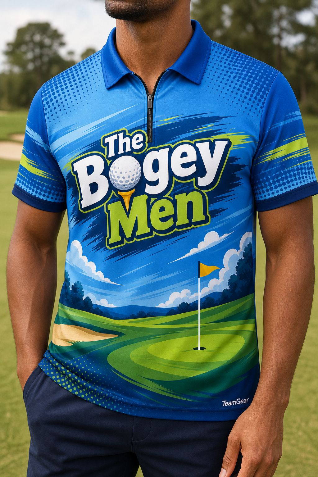 The Bogey Men Blue Golf Polo — custom golf team apparel worn on model — TeamGear Canada