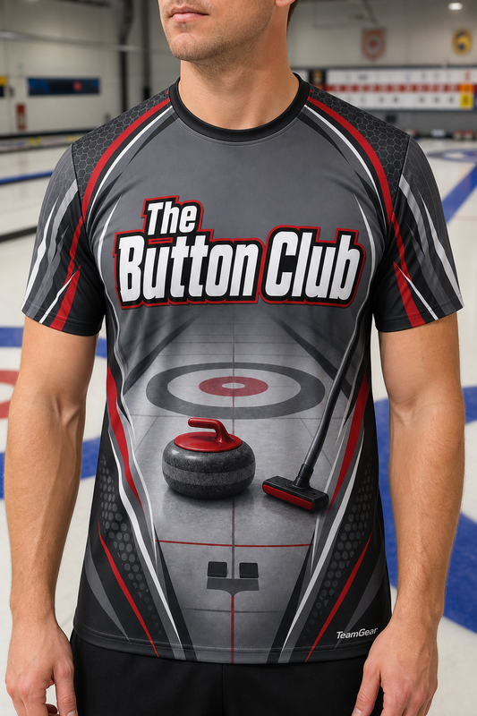 The Button Club Grey Curling Jersey — custom curling jersey worn on model — TeamGear Canada