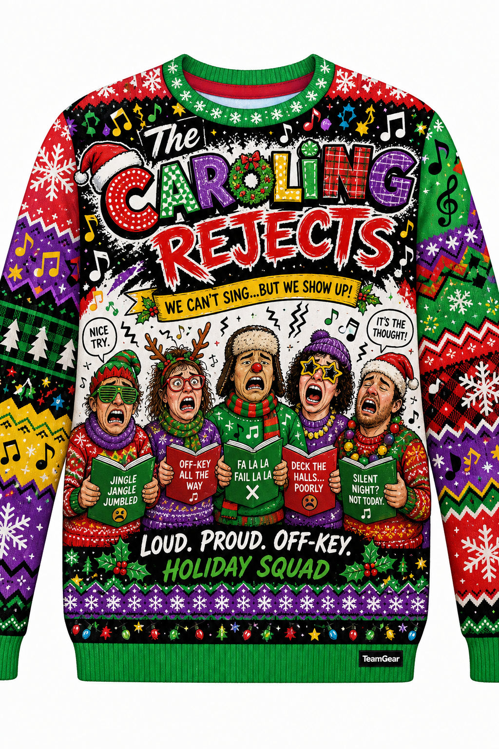 The Caroling Rejects Ugly Christmas Sweater design