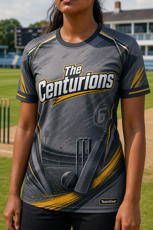 The Centurions Grey Cricket Jersey — custom cricket jersey worn on model — TeamGear Canada