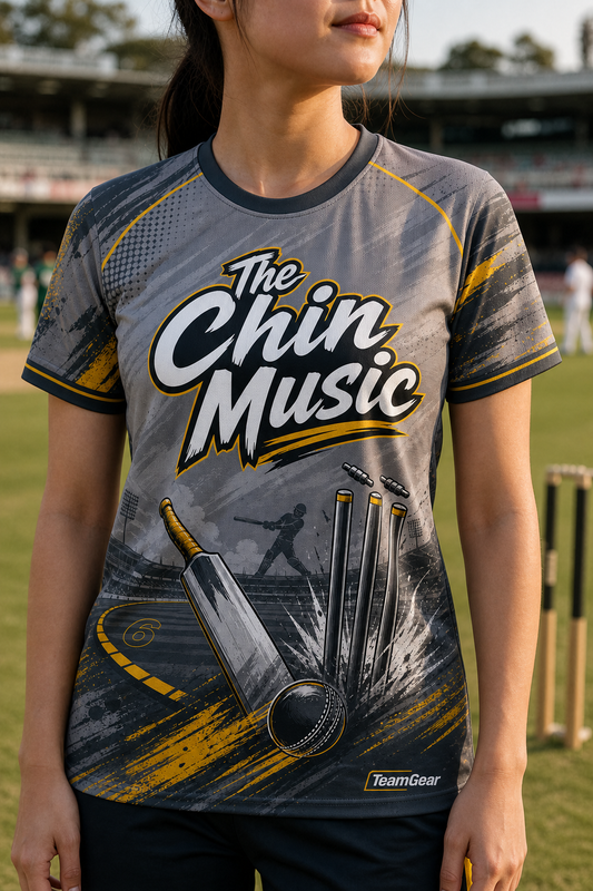 The Chin Music Grey Cricket Jersey — custom cricket jersey worn on model — TeamGear Canada