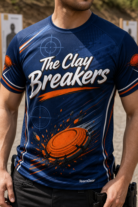 The Clay Breakers Navy Shooting Jersey — custom shooting jersey worn on model — TeamGear Canada